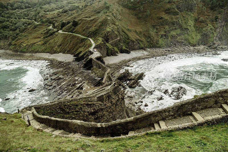 全景楼梯在圣胡安de Gaztelugatxe，巴斯克国家，西班牙